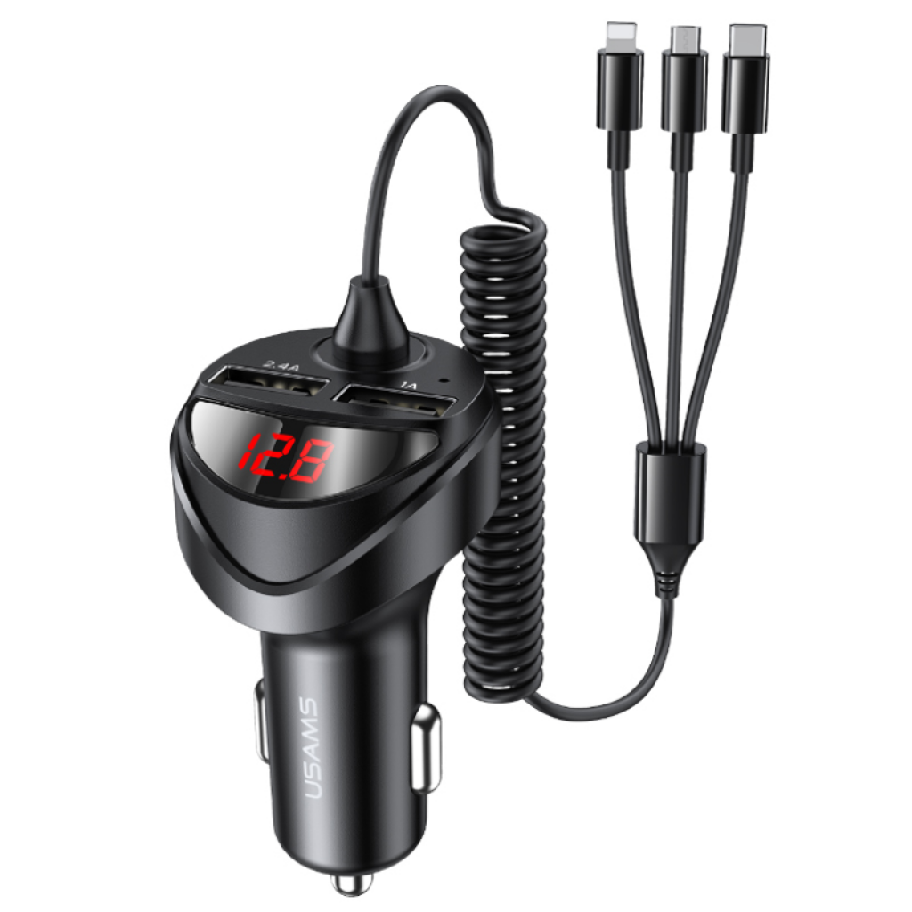CC119 Cargador Auto C22 2 USB/3 4A 3 en 1 Micro/Tipo C/Lightning Negro USAMS
