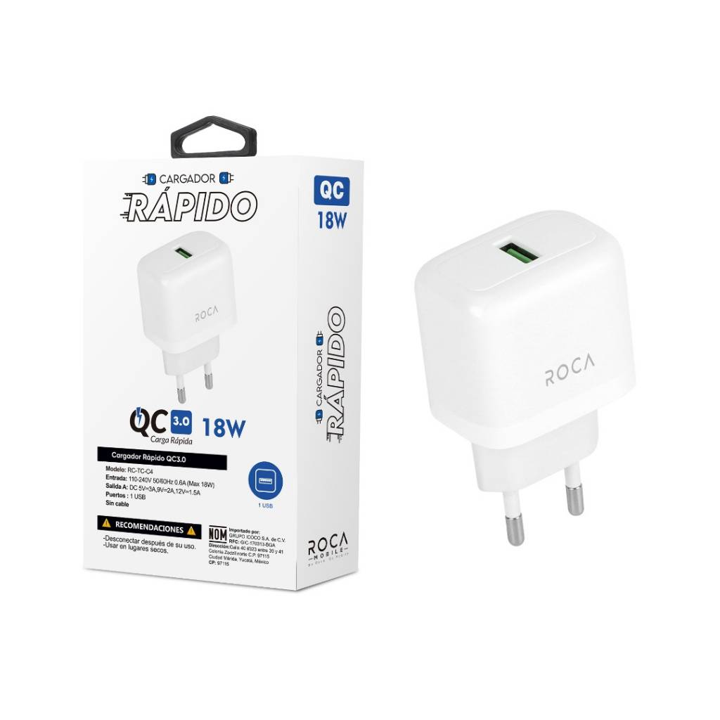Cargador Rápido ROCA QC3.0 18W 1 USB Sin Cable (RC-TC-C4)