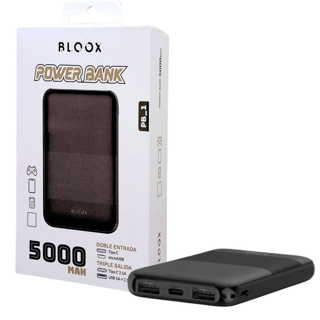 Power Bank BLOOX PB_1 5000mAh Entrada: Tipo C Negro / Salida: Tipo C + USB*2