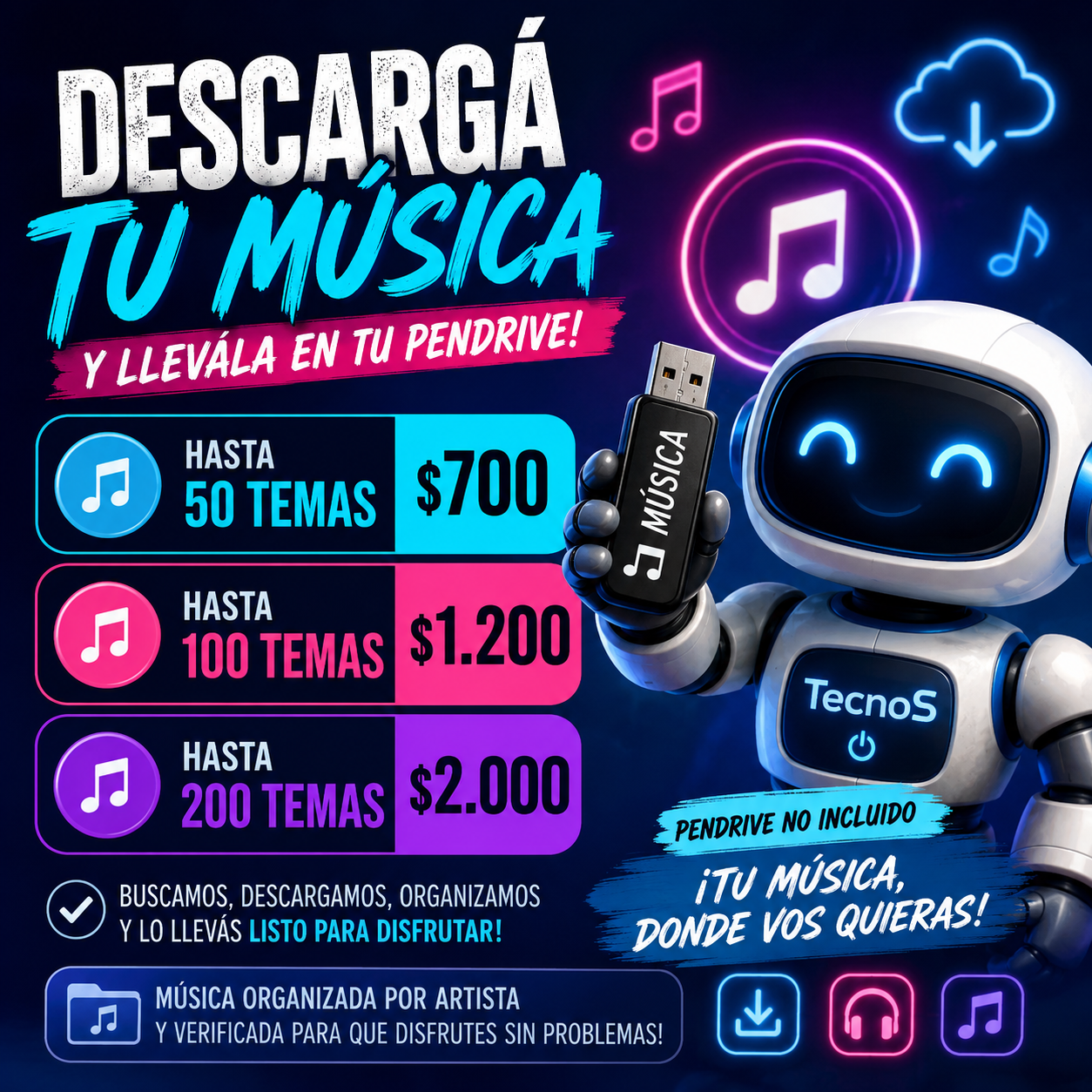 Descarga de Música en Pendrive Hasta 50 Temas- NO INCLUYE PENDRIVE