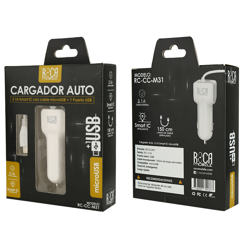 Cargador ROCA «RC-CC-M31» Inteligente para Auto, USB a Micro USB (3.1A)