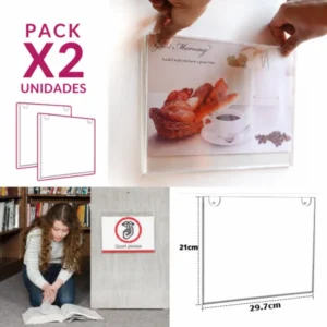 PACK 2 Porta Hojas A4 En Acrílico Exhibidor Para Pared / Horizontal / 21*29.7cm * 2.3mm